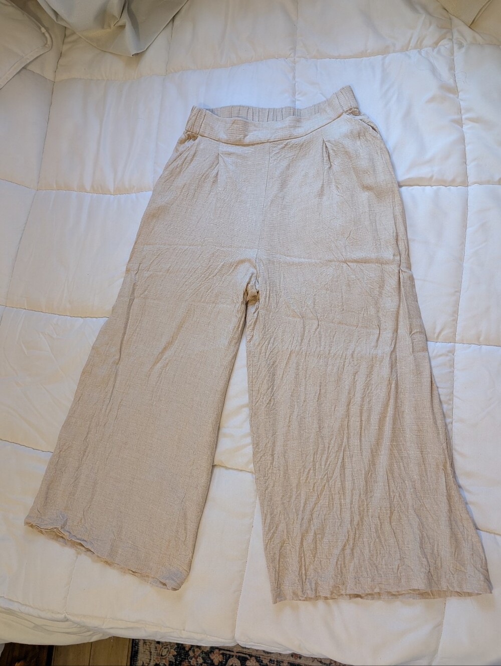 H&M Size 8 Light Beige Wide Leg Linen-Blend Pants Flowy Fit With Elastic Waist